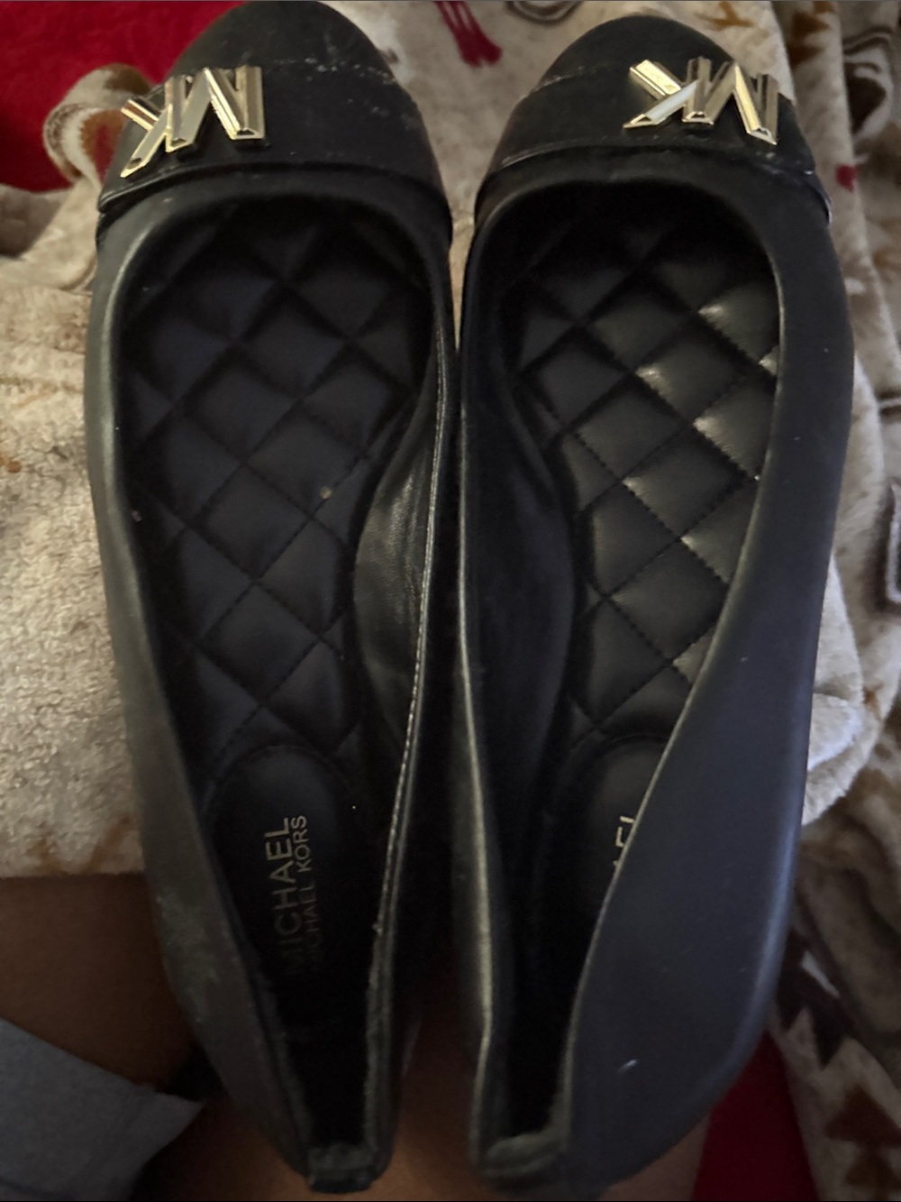 Michael Kors Black Quilted Ballet Flats with Gold MK Emblem
